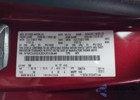 2013 Ford Escape Se from USA, damaged, VIN 1FMCU0GX2DUD33640